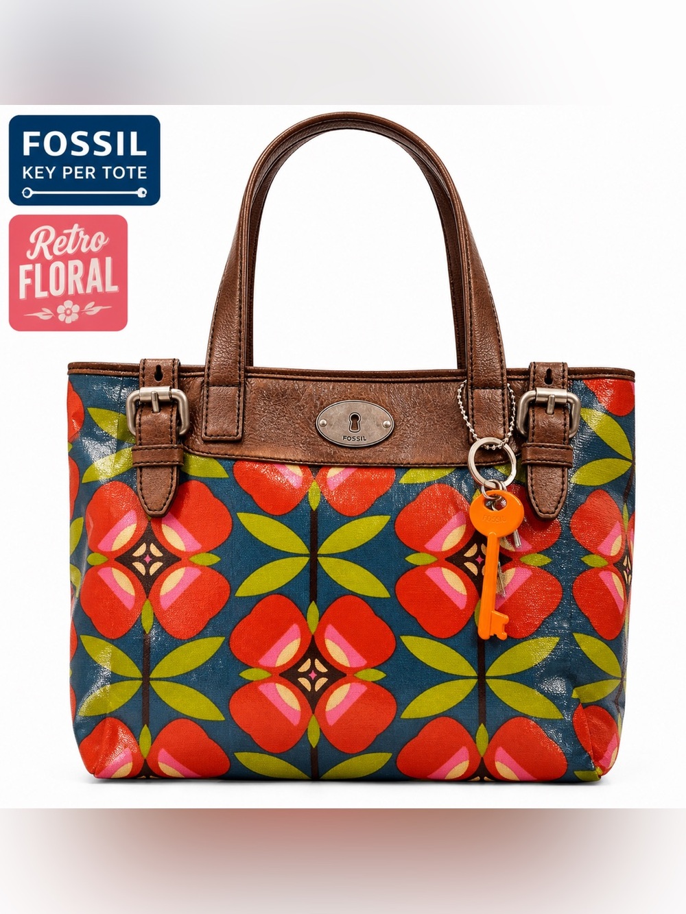 Fossil Key-Per Floral Tote Multicolor Canvas Leather Trim Key Charm Bag